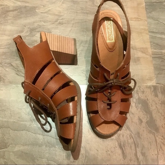 Retro Boho Topshop Brown Leather Sandals Block Heel Slingback Lace Up Size 40 - Picture 2 of 4